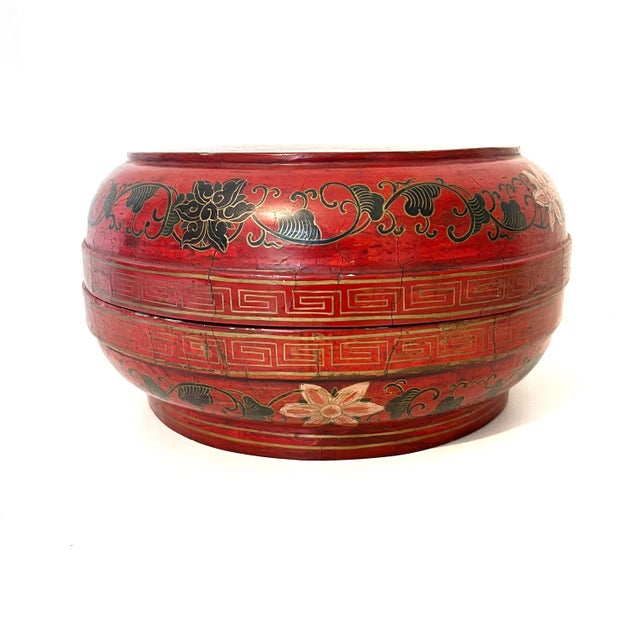 Paint Large 14" Antique Chinese REd Lacquer Wedding Box For Sale - Image 7 of 16
