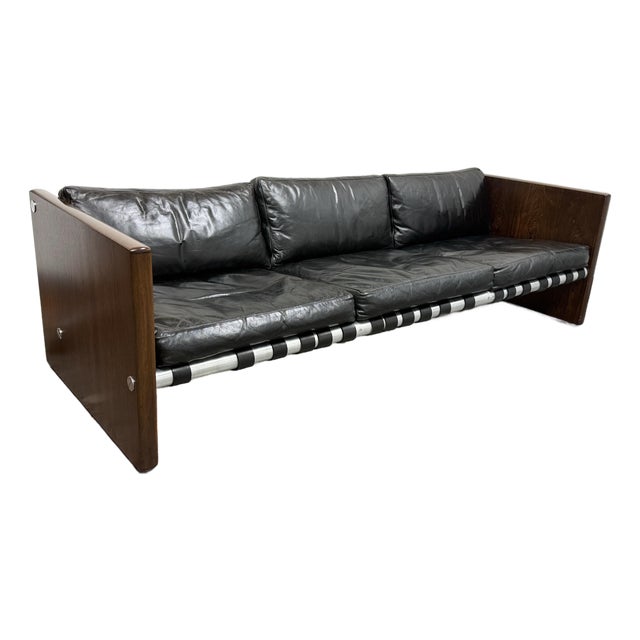 Selig Rosewood + Black Leather Strap Sofa, Circa 1970's For Sale