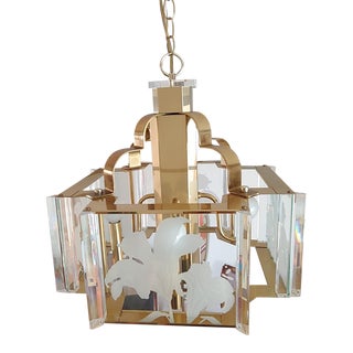 1980s Postmodern Fredrick Raymond Glass Brass Chandelier For Sale