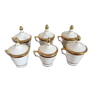 1800s French Empire Porcelain Pot de Creme Cups and Covers in White & Gold Bands - Set of 6