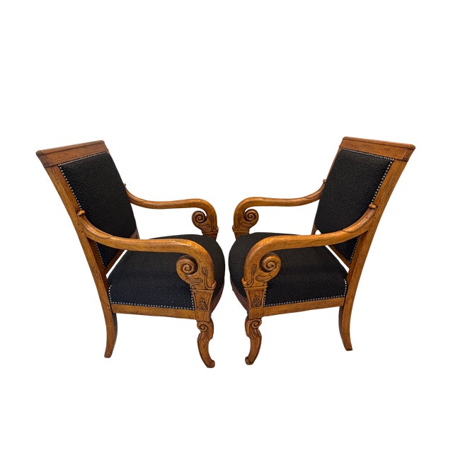 Antique 19th C Biedermeier Armchairs in Walnut & Black Boucle - A Pair For Sale - Image 4 of 11
