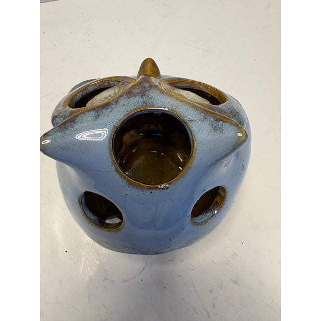 Mid-Century Studio Pottery Owl Candle Holder in Mottled Blue Glaze Luminary Decor For Sale - Image 4 of 8