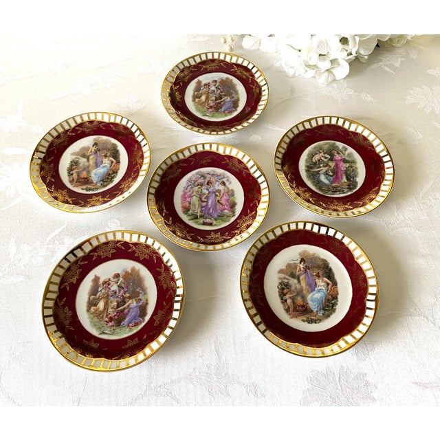 Gemstone 1940's Mythological Scene Plates, Cico Bavaria Germany, Ruby & Gold, Set of 6 For Sale - Image 7 of 17
