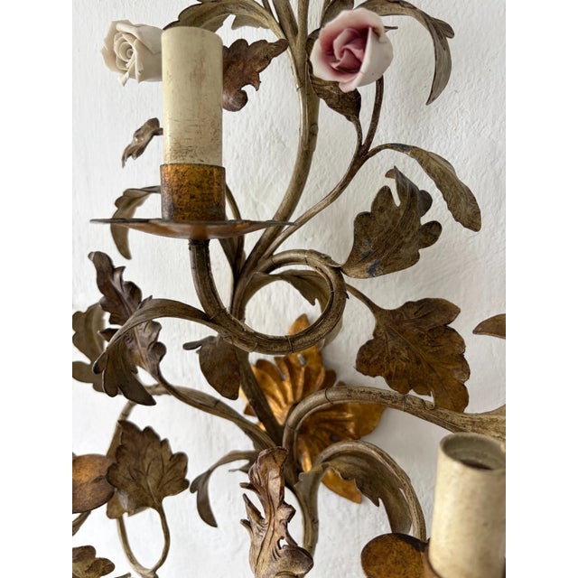 Light Pink Big Wrought Iron Sconces 3 Lights Roses in Pink & White, C 1900 For Sale - Image 8 of 9