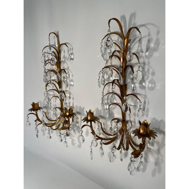 Hollywood Regency Vintage 19.5" Italian Tole and Crystals Candle Sconces - A Pair For Sale - Image 3 of 17