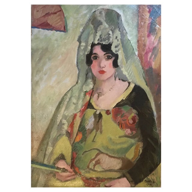 Henry Meylan, Jeune espagnol à la mantille et éventail, 1925, Oil on Wood For Sale