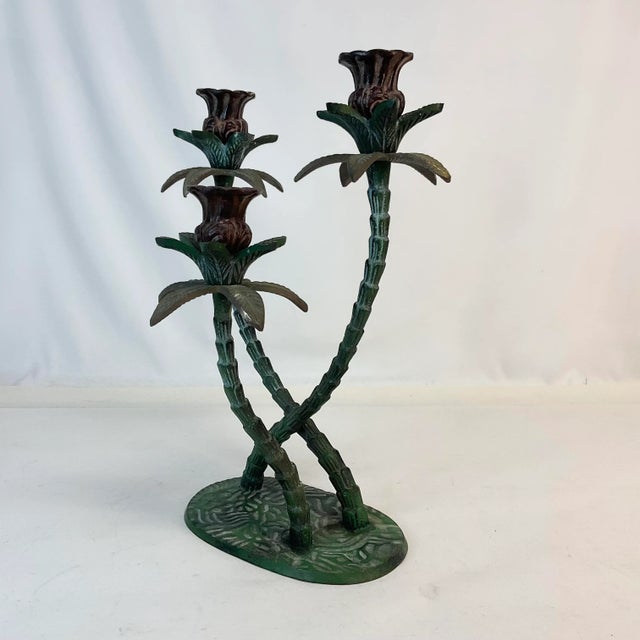 Hollywood Regency 1970s Vintage Coastal Chic Cast Iron 3-Arm Palm Tree Candelabra. For Sale - Image 3 of 12