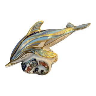 Vintage MCM Royal Crown Derby Striped Dolphin on Wave Figurine For Sale
