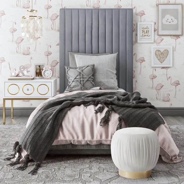Wood Arabelle Grey Velvet Twin Bed For Sale - Image 7 of 11