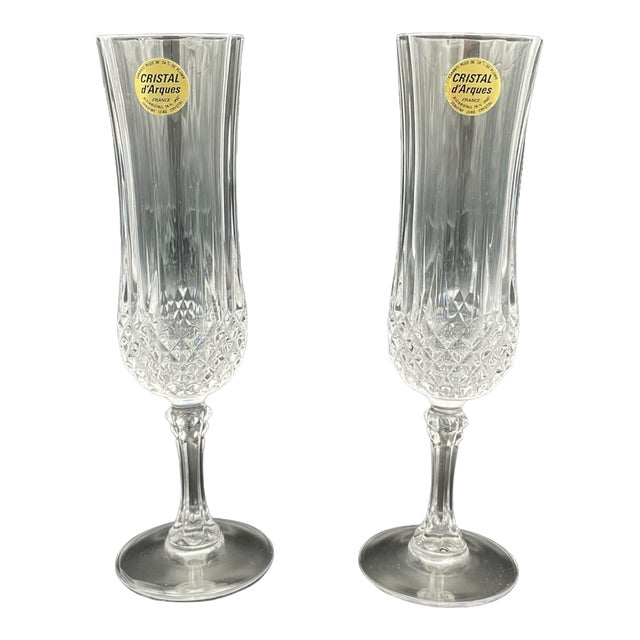 2000s Cristal d'Arques Champagne Flute Cup Longchamp Crystal Toasting Glasses Set of 2 For Sale