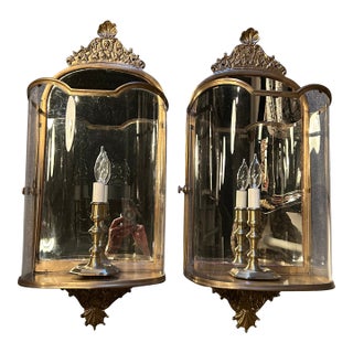 1980s Vaughn Brass & Curved Plexiglass Wall Lanterns - a Pair For Sale
