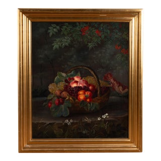 19th Century Danish Still Life Original Oil on Canvas Painting of Fruit in Basket For Sale