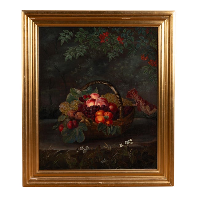 19th Century Danish Still Life Original Oil on Canvas Painting of Fruit in Basket For Sale