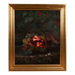19th Century Danish Still Life Original Oil on Canvas Painting of Fruit in Basket