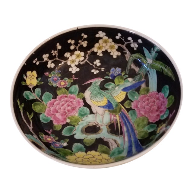 Antique Cloisonne Japanese "Nippon" Hand Painted Enamel Peacock Floral Bowl Marked For Sale