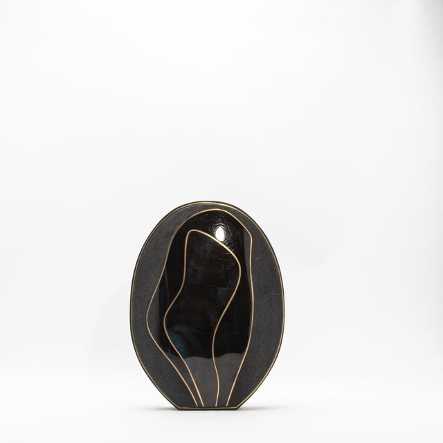 R & Y Augousti Modern Vase in Shagreen With Black Shell and Brass Details by R&y Augousti For Sale - Image 4 of 10