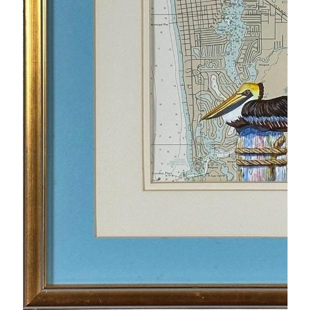 Cream Vintage Ruth James Hand-Painted Pelican and Naples, Florida, Nautical Map Art For Sale - Image 8 of 11