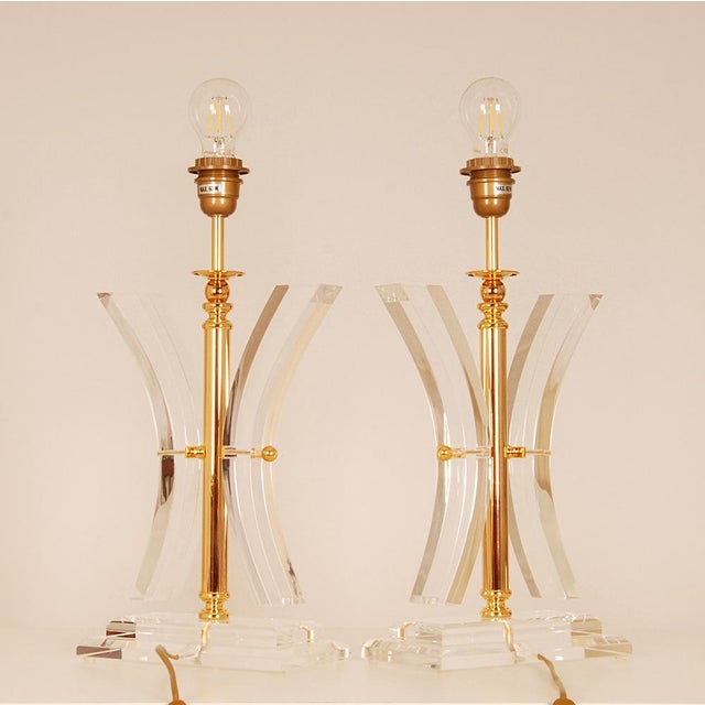 Metal Vintage Table Lamps Crystal Gold Acrylic Kuatra Spainish Lamps Mid Century Perspex a Pair For Sale - Image 7 of 9