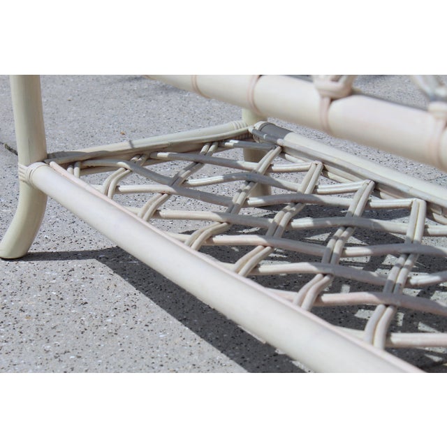 Vintage 1970s Coastal Rattan Coffee Table With Turquoise Glass Top and Cream-Colored Cane Frame For Sale - Image 11 of 12