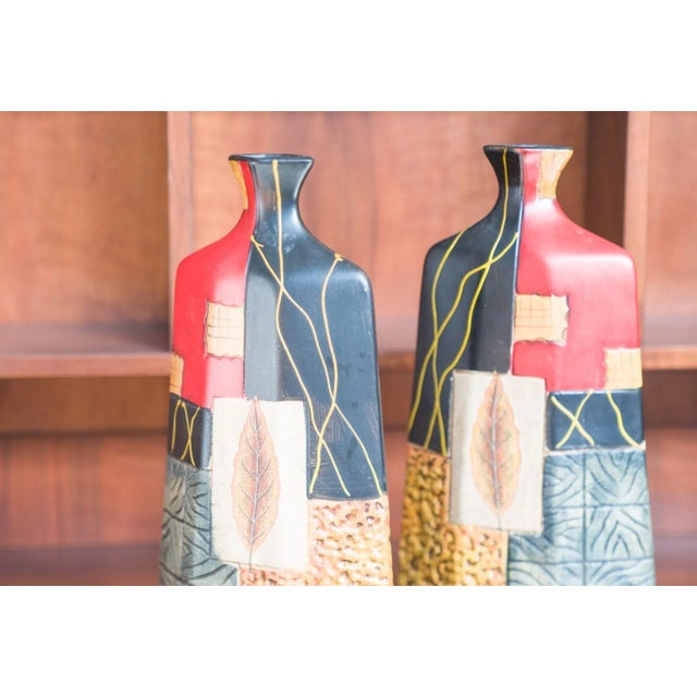 Terracotta Vases with Geometric and Textured Design, 1990s, Set of 2 For Sale - Image 9 of 10