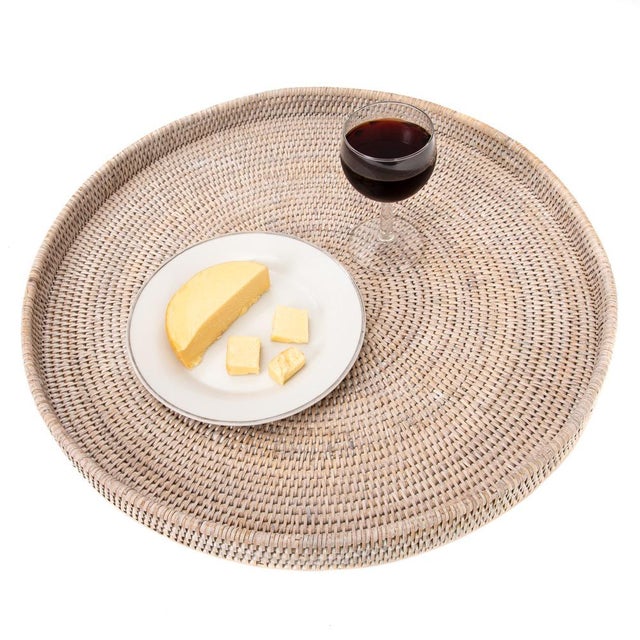 Artifacts Rattan Round Serving / Ottoman Tray in White Wash - 19" For Sale - Image 4 of 6