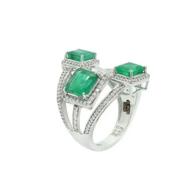Not Yet Made - Made To Order 4.11ct Zambian Emerald & Diamond Three Row Ring Size 7 in 14k White Gold For Sale - Image 5 of 10