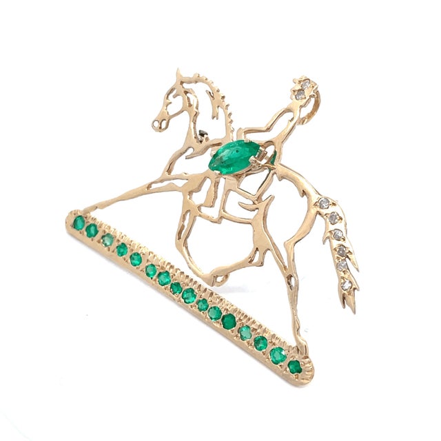 14k Yellow Gold Emerald and Diamond Studded Horse Rider Brooch For Sale - Image 9 of 9