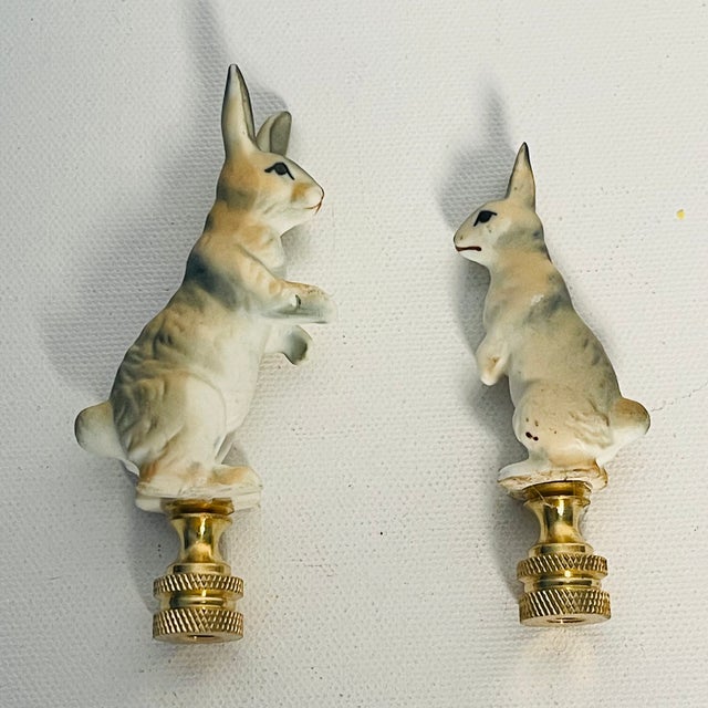 Cute Pair of Standing Rabbit Figurines mounted on brass bases as lamp finials.