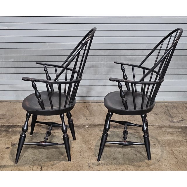 Pair of Warren Chair Works Sack Back Windsor Arm Chairs Bench Made Black Finish For Sale - Image 9 of 10