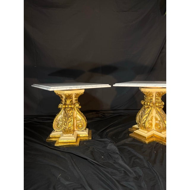 Hollywood Regency Pair of 1970 Fuggiti Studios Gilt Marble Top Pedestal Side Tables For Sale - Image 3 of 12