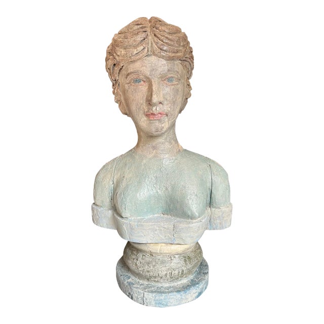 French Indonesia Carved and Painted Wood Female Bust Figure For Sale