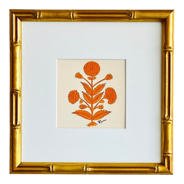 Hand-Painted Jaipuri Orange Floral Motif Painting. Framed For Sale