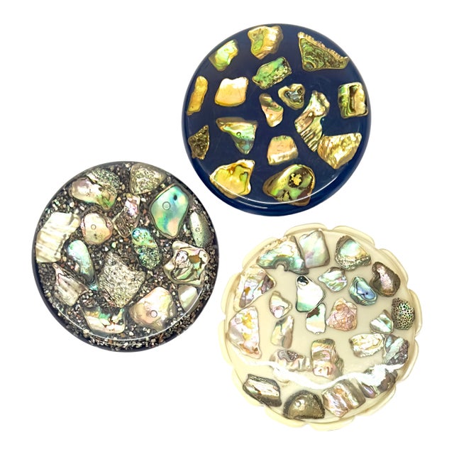 Mid-Century Resin & Abalone Trivet Curation - Group of 3 For Sale