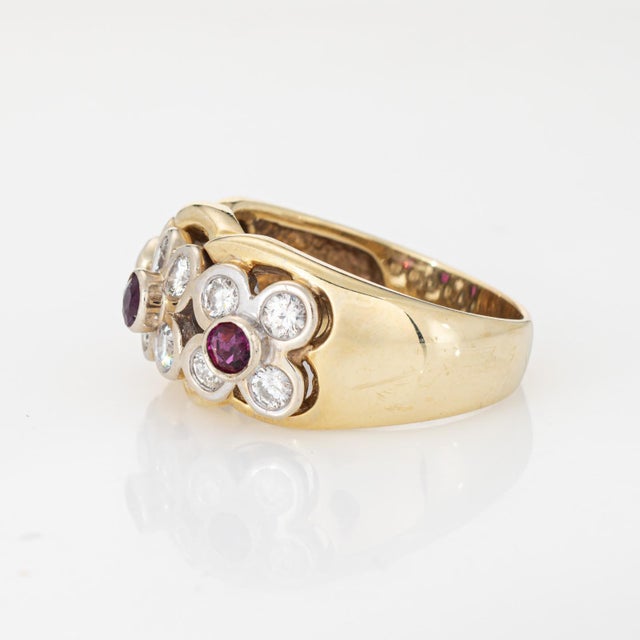 Ruby Diamond Flower Ring Vintage 14k Yellow Gold Sz 8.5 Wide Cigar Band For Sale - Image 4 of 6