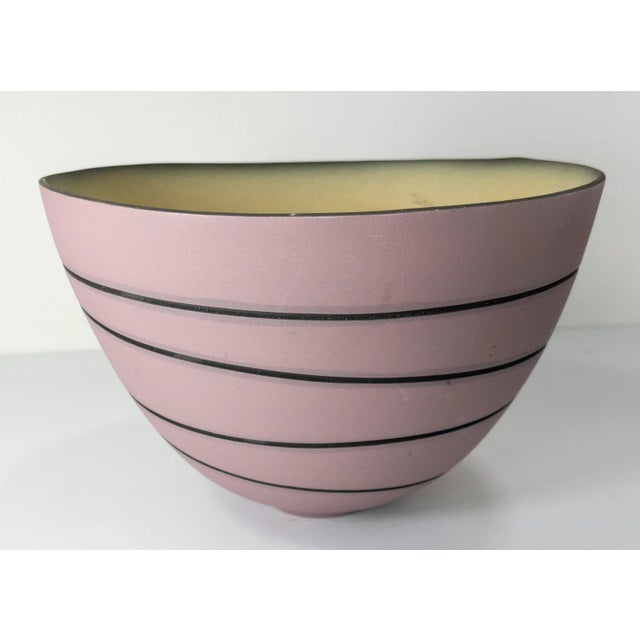 Mid-Century Modern Art Pottery Matte Pink Black Swirl Bowl, Signed For Sale - Image 11 of 11