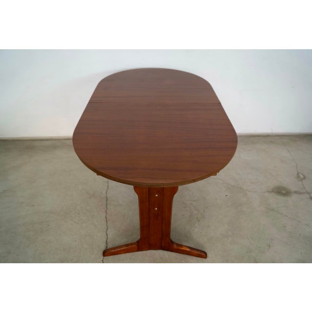 Wood 1960’s Mid-Century Danish Modern Trestle Leg Extendable Oval Dining Table With Leaf For Sale - Image 7 of 12