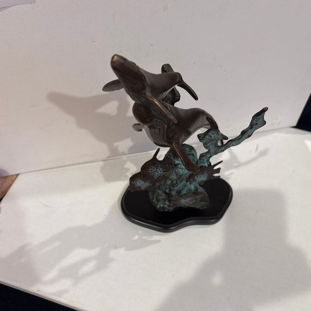 San Pacific International Two Whale Statue with algae and fish Solid Brass with a Patina Finish and on a Wood Base...