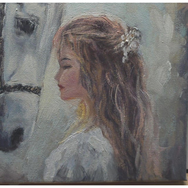 Original oil painting by Sean Wu, A girl is talking to her horse.