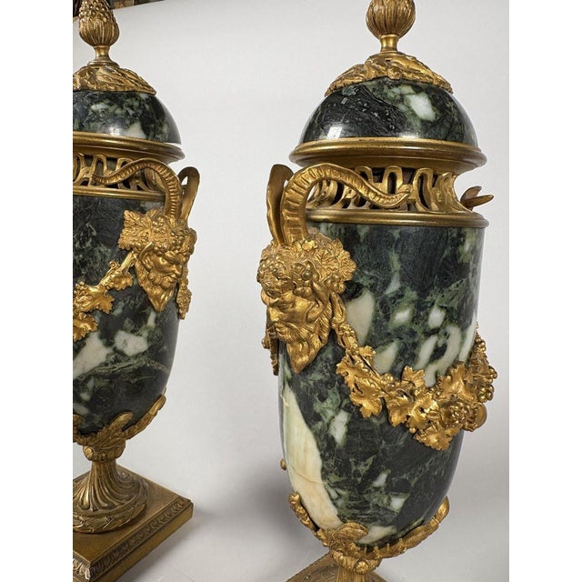 19th Century Pair of Louis XVI style green marble and gilt bronze cassolettes For Sale - Image 5 of 5