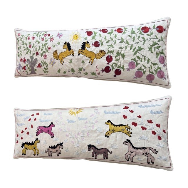 Mid-Century Modern White Horse Suzani Lumbar Pillow Cover 18'' X 54'' - Set of Two For Sale - Image 3 of 4