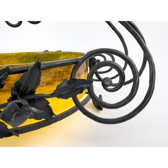 Signed Degué Art Deco Marbled Glass Centerpiece Bowl in Wrought Iron Mount, France 1930s For Sale - Image 11 of 18