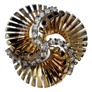 Mid‑Century Jomaz Gold‑Tone Architectural Medallion Brooch With Crystal Crescent For Sale