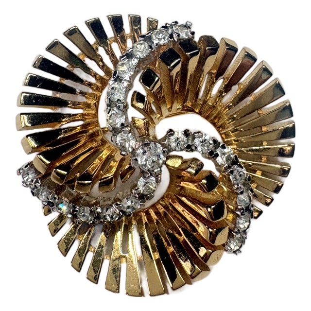 Mid‑Century Jomaz Gold‑Tone Architectural Medallion Brooch With Crystal Crescent For Sale
