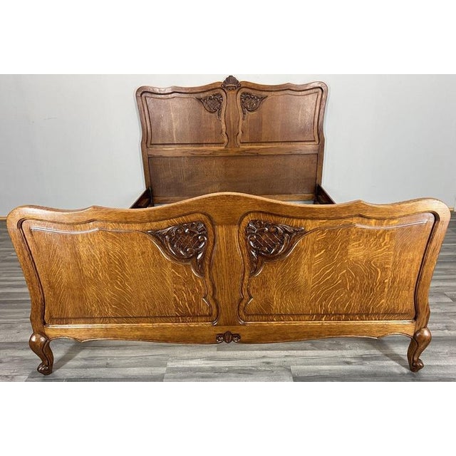 Vintage French Louis XVI Style Oak Double Bed Frame with Carved Headboard For Sale - Image 3 of 12