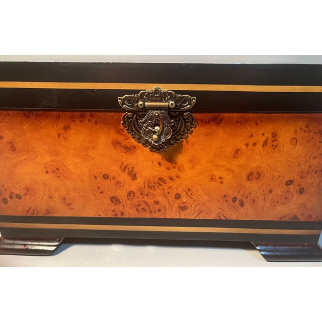 Vintage Burl & Ebonized Wooden Keepsake Box Musical Motif Brass For Sale In Providence - Image 6 of 8