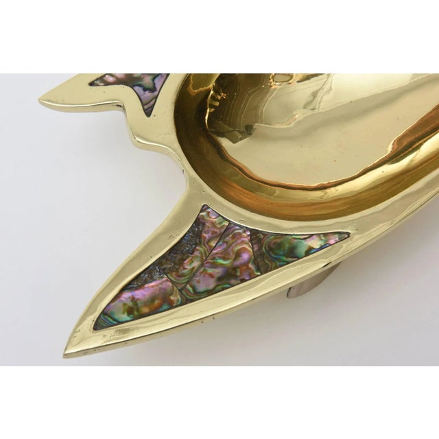 Brass Vintage Abalone, Brass and Silver Plate Sculptural Fish Bowl MCM Restored For Sale - Image 8 of 11