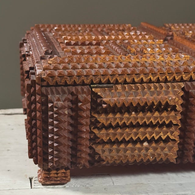 Red Antique Primitive Chip-Carved Lidded Tramp Art Box on Stacked Pedestal Feet (C. 1936) For Sale - Image 8 of 10