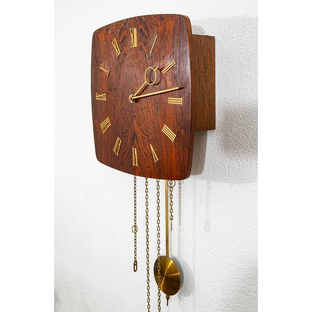 Mid Century Modern Wall Clock Rosewood Pendulum Weights Hanging Square Chime For Sale - Image 4 of 9
