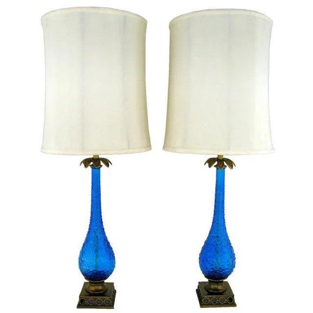 Bubble Textured Blue Glass Table Lamps With Brass Accents - a Pair For Sale - Image 9 of 9