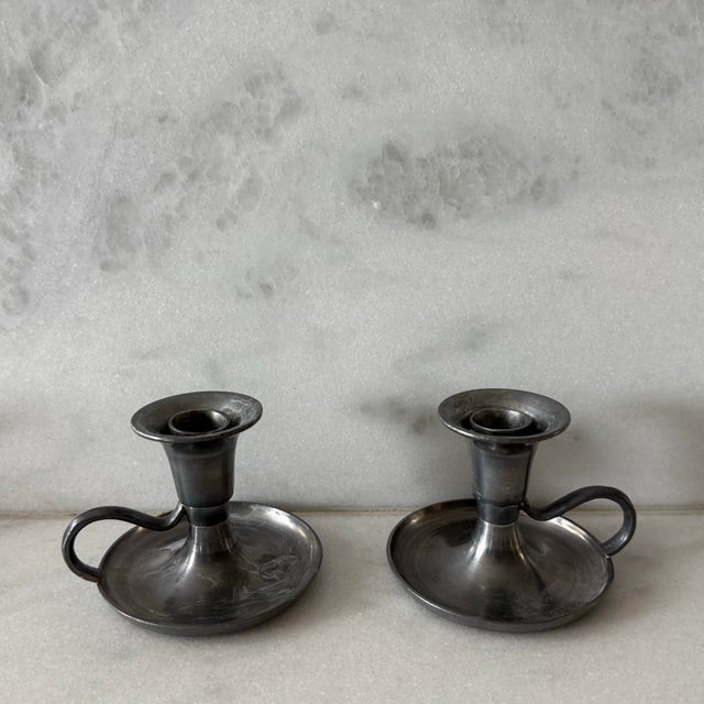 Mid-Century Modern Pair of Vintage Pewter Chamberstick Candle Holders For Sale - Image 3 of 9